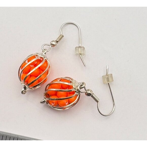 Orange Bead Dangle Earrings With Silver Wire Style Cage Retro 80s Vibrant Fun - Picture 5 of 6